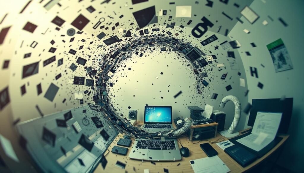 A surreal dreamscape depicting the sources of mental distraction. In the foreground, a swirling vortex of fragmented thoughts, ideas, and notifications, casting a hypnotic yet overwhelming spell. In the middle ground, a cluttered desk with a laptop, smartphone, and various digital devices, all vying for attention. The background fades into a hazy, ethereal realm, suggesting the endless, boundless nature of the modern attention economy. Soft, diffused lighting creates an atmosphere of contemplation, while a slight fisheye lens distorts the scene, mirroring the disorienting effect of mental clutter. The overall mood is one of sensory overload and the need to find clarity amidst the digital chaos.