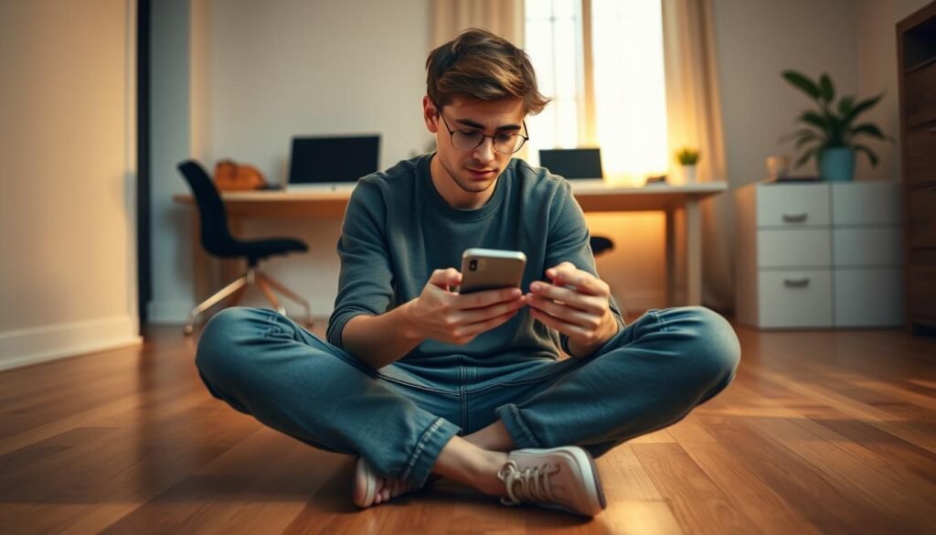 A thoughtful young person sits cross-legged on a wooden floor, deeply engrossed in their smartphone. The room is bathed in warm, diffused lighting, creating a cozy, contemplative atmosphere. In the background, a minimalist desk setup and a potted plant suggest a productive workspace. The subject's facial expression conveys a mix of focus and mild concern, hinting at their complex relationship with digital devices. The camera angle is slightly elevated, offering an insightful, almost voyeuristic perspective into this moment of digital introspection. A thoughtful young person sits cross-legged on a wooden floor, deeply engrossed in their smartphone. The room is bathed in warm, diffused lighting, creating a cozy, contemplative atmosphere. In the background, a minimalist desk setup and a potted plant suggest a productive workspace. The subject's facial expression conveys a mix of focus and mild concern, hinting at their complex relationship with digital devices. The camera angle is slightly elevated, offering an insightful, almost voyeuristic perspective into this moment of digital introspection.