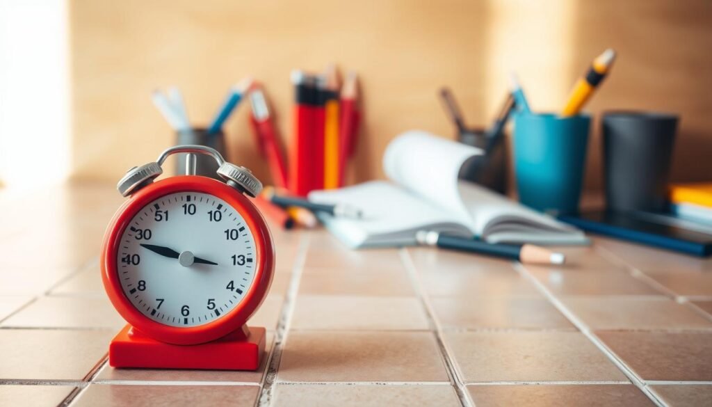 A tiled desk with a retro-style analog timer, known as a Pomodoro timer, sitting prominently in the foreground. The timer has a distinctive red casing and round shape, evoking the classic tomato (pomodoro) design. In the middle ground, various office supplies like pens, pencils, and a notebook are neatly arranged, suggesting a productive work environment. The background features a softly blurred, warm-toned wall, creating a cozy, focused atmosphere. The lighting is natural, with gentle shadows and highlights that accentuate the textures and details of the objects. The overall composition conveys the simplicity and effectiveness of the Pomodoro Technique for time management and productivity.