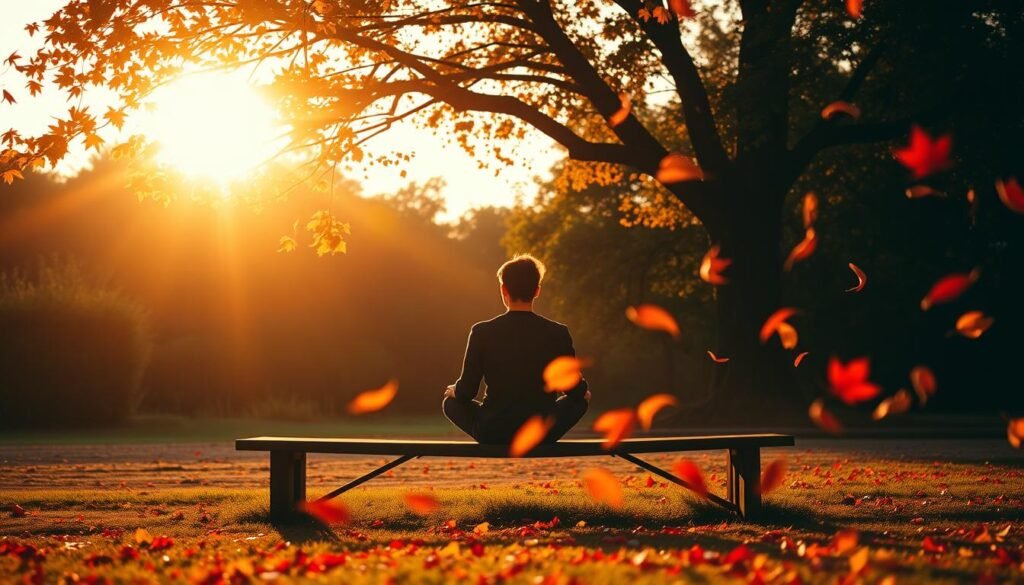 A tranquil autumn scene set against a warm, golden sunset. In the foreground, a person sits cross-legged on a wooden bench, lost in contemplation, their gaze focused inward. Vibrant crimson and ochre leaves swirl gently around them, creating a sense of peaceful motion. The background features a lush forest canopy, its branches casting long shadows that dance across the ground. Soft, diffused lighting bathes the entire composition in a dreamlike, introspective atmosphere, conveying the idea of falling in love with the creative process, rather than fixating solely on the end result. A tranquil autumn scene set against a warm, golden sunset. In the foreground, a person sits cross-legged on a wooden bench, lost in contemplation, their gaze focused inward. Vibrant crimson and ochre leaves swirl gently around them, creating a sense of peaceful motion. The background features a lush forest canopy, its branches casting long shadows that dance across the ground. Soft, diffused lighting bathes the entire composition in a dreamlike, introspective atmosphere, conveying the idea of falling in love with the creative process, rather than fixating solely on the end result.
