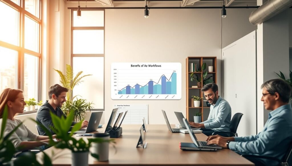 A tranquil, contemporary office space with an abundance of natural light streaming through large windows. In the foreground, a team of remote workers collaborating seamlessly on their laptops, their expressions focused yet relaxed. The middle ground features a prominently displayed productivity chart, visually demonstrating the benefits of asynchronous workflows. In the background, a minimalist bookshelf and potted plants create a calming, productive atmosphere. The lighting is soft and diffused, accentuating the serene, collaborative energy of the scene. An overall impression of efficiency, flexibility, and work-life balance.