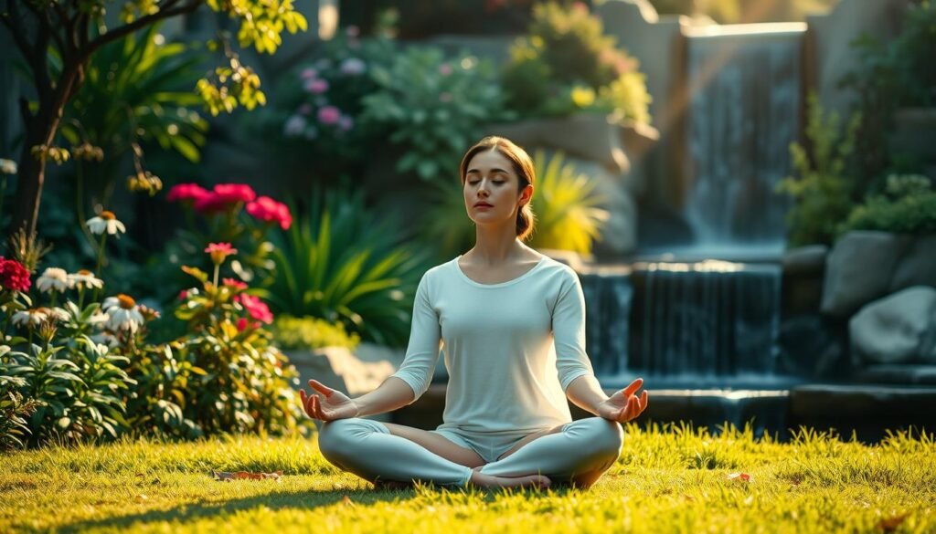 A tranquil garden scene with a serene individual seated in a meditative pose, surrounded by lush greenery and a calming water feature. Soft, diffused lighting casts a warm, soothing glow, creating a sense of inner peace and psychological well-being. The figure's expression is one of relaxation and mindfulness, conveying the importance of mental and emotional balance. In the background, a harmonious blend of natural elements, such as flowers, trees, and a gentle waterfall, enhances the overall atmosphere of psychological wellness and personal fulfillment. A tranquil garden scene with a serene individual seated in a meditative pose, surrounded by lush greenery and a calming water feature. Soft, diffused lighting casts a warm, soothing glow, creating a sense of inner peace and psychological well-being. The figure's expression is one of relaxation and mindfulness, conveying the importance of mental and emotional balance. In the background, a harmonious blend of natural elements, such as flowers, trees, and a gentle waterfall, enhances the overall atmosphere of psychological wellness and personal fulfillment.