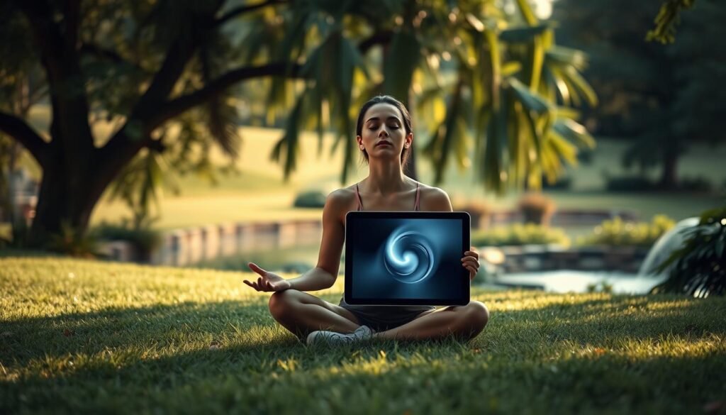 A tranquil garden setting, bathed in soft, natural lighting. In the foreground, a person sits cross-legged, eyes closed, hands resting peacefully on their lap. The middle ground features a sleek, modern tablet device, its screen displaying serene, abstract visuals designed to enhance mindfulness and mental focus. In the background, a lush, verdant landscape with towering trees and a calming pond, creating a sense of harmony and balance. The overall atmosphere conveys a sense of digital detox, where technology is seamlessly integrated to complement and deepen the experience of mindful awareness. A tranquil garden setting, bathed in soft, natural lighting. In the foreground, a person sits cross-legged, eyes closed, hands resting peacefully on their lap. The middle ground features a sleek, modern tablet device, its screen displaying serene, abstract visuals designed to enhance mindfulness and mental focus. In the background, a lush, verdant landscape with towering trees and a calming pond, creating a sense of harmony and balance. The overall atmosphere conveys a sense of digital detox, where technology is seamlessly integrated to complement and deepen the experience of mindful awareness.