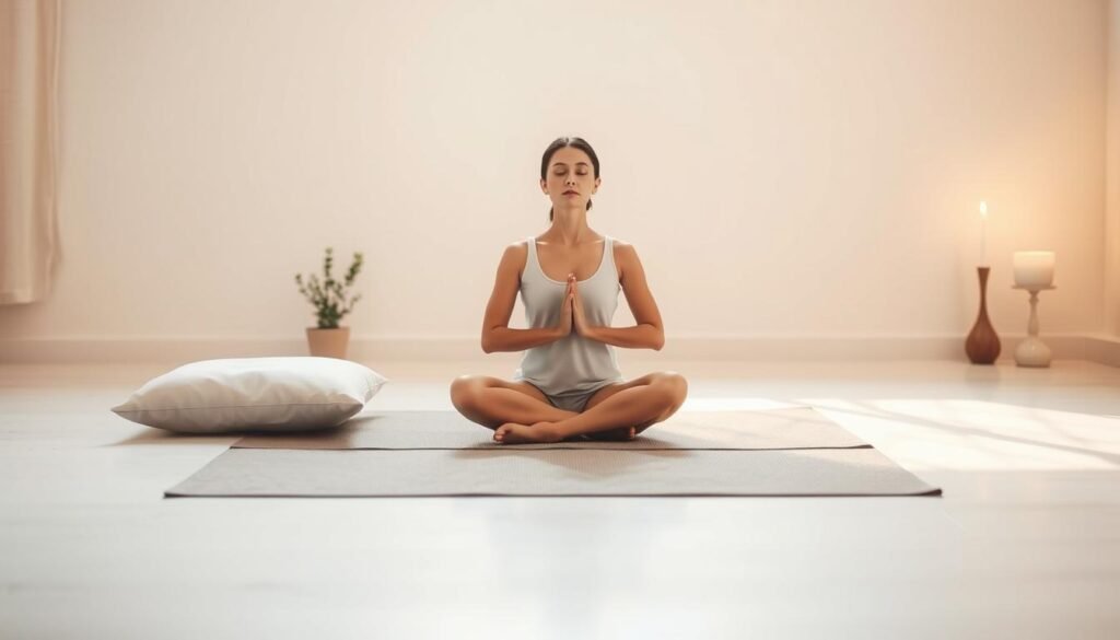A tranquil, minimalist meditation scene with a simple mat, pillow, and calming decor. The setting is bathed in warm, diffuse natural lighting, creating a serene and focused atmosphere. A central figure sits in a cross-legged position, hands resting gently on their lap, eyes closed in deep contemplation. The background is a softly blurred, neutral-toned space, allowing the meditating figure to be the focal point. Subtle details like a single potted plant or a candle flame add to the overall sense of mindfulness and inner peace. The composition is balanced and inviting, encouraging the viewer to pause and be present in the moment. A tranquil, minimalist meditation scene with a simple mat, pillow, and calming decor. The setting is bathed in warm, diffuse natural lighting, creating a serene and focused atmosphere. A central figure sits in a cross-legged position, hands resting gently on their lap, eyes closed in deep contemplation. The background is a softly blurred, neutral-toned space, allowing the meditating figure to be the focal point. Subtle details like a single potted plant or a candle flame add to the overall sense of mindfulness and inner peace. The composition is balanced and inviting, encouraging the viewer to pause and be present in the moment.