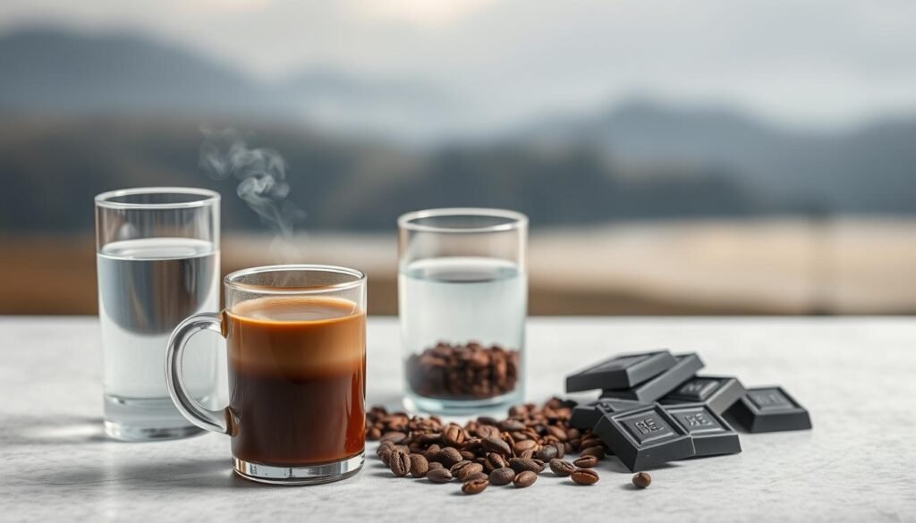 A tranquil, minimalist scene depicting balanced consumption of caffeine. In the foreground, a steaming mug of coffee sits alongside a glass of water, symbolizing moderation. The middle ground showcases a collection of caffeine-containing items - tea leaves, cocoa beans, and a few dark chocolate squares - arranged harmoniously. The background features a serene, blurred landscape with muted tones, evoking a sense of calm. Soft, diffused lighting illuminates the scene, creating a soothing atmosphere. The composition emphasizes simplicity and balance, guiding the viewer towards a sustainable, healthy relationship with caffeine.