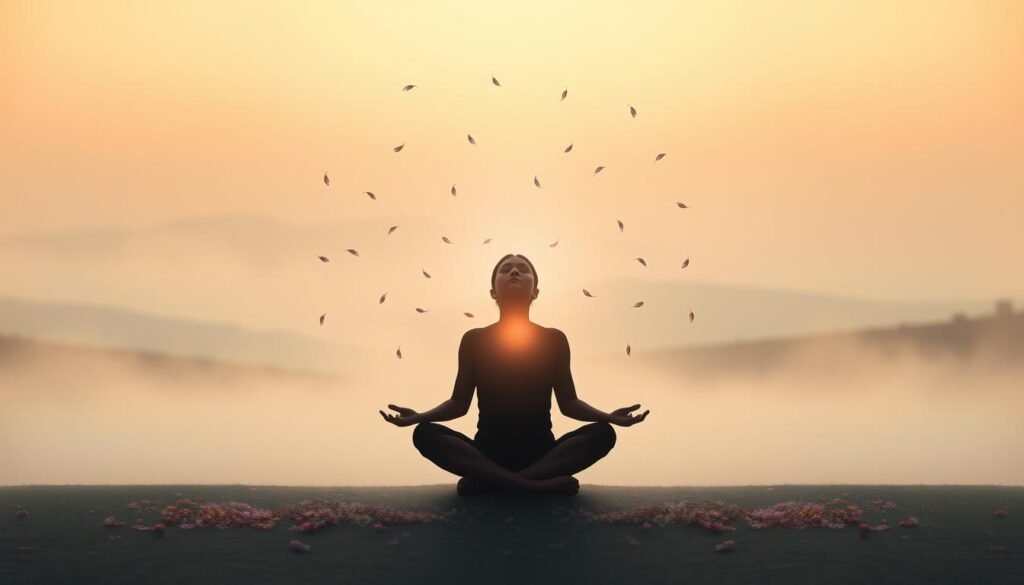 A tranquil, minimalist scene depicting the process of reframing negative thoughts. In the foreground, a serene figure sits cross-legged, eyes closed, with a soft glow emanating from their center. Surrounding them, delicate flower petals drift gracefully through the air, symbolizing the delicate nature of this mental exercise. In the middle ground, a misty landscape unfolds, hinting at the expansive inner world where the reframing occurs. The background is bathed in a warm, soothing light, conveying a sense of comfort and acceptance. The overall mood is one of introspection, resilience, and the power of shifting perspective. A tranquil, minimalist scene depicting the process of reframing negative thoughts. In the foreground, a serene figure sits cross-legged, eyes closed, with a soft glow emanating from their center. Surrounding them, delicate flower petals drift gracefully through the air, symbolizing the delicate nature of this mental exercise. In the middle ground, a misty landscape unfolds, hinting at the expansive inner world where the reframing occurs. The background is bathed in a warm, soothing light, conveying a sense of comfort and acceptance. The overall mood is one of introspection, resilience, and the power of shifting perspective.