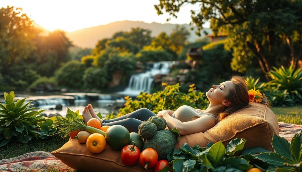 A tranquil outdoor scene with a lush, verdant landscape. In the foreground, a person resting on a plush, earthy-toned cushion, eyes closed in meditation, surrounded by a variety of vibrant, organically-grown fruits and vegetables. The middle ground features a cascading waterfall, its soothing sounds complemented by the gentle rustling of trees in the soft breeze. In the background, a mountainous horizon bathed in warm, golden sunlight, conveying a sense of natural energy and vitality. The overall atmosphere is one of serenity, rejuvenation, and a celebration of the restorative power of the natural world.