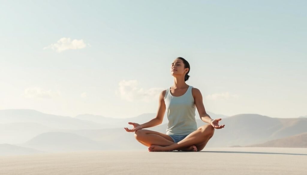 A tranquil scene depicting the benefits of 2-minute breathing exercises. A serene, minimalist landscape with a soft, muted color palette. In the foreground, a person sits cross-legged, eyes closed, deeply focused on their breathing. Their expression is calm and serene. In the middle ground, wispy clouds drift across a pale blue sky. In the background, rolling hills fade into the distance, conveyed through hazy, atmospheric brushstrokes. Gentle, diffused lighting casts a soothing glow over the entire scene. The overall mood is one of relaxation, mindfulness, and the restorative power of breath.