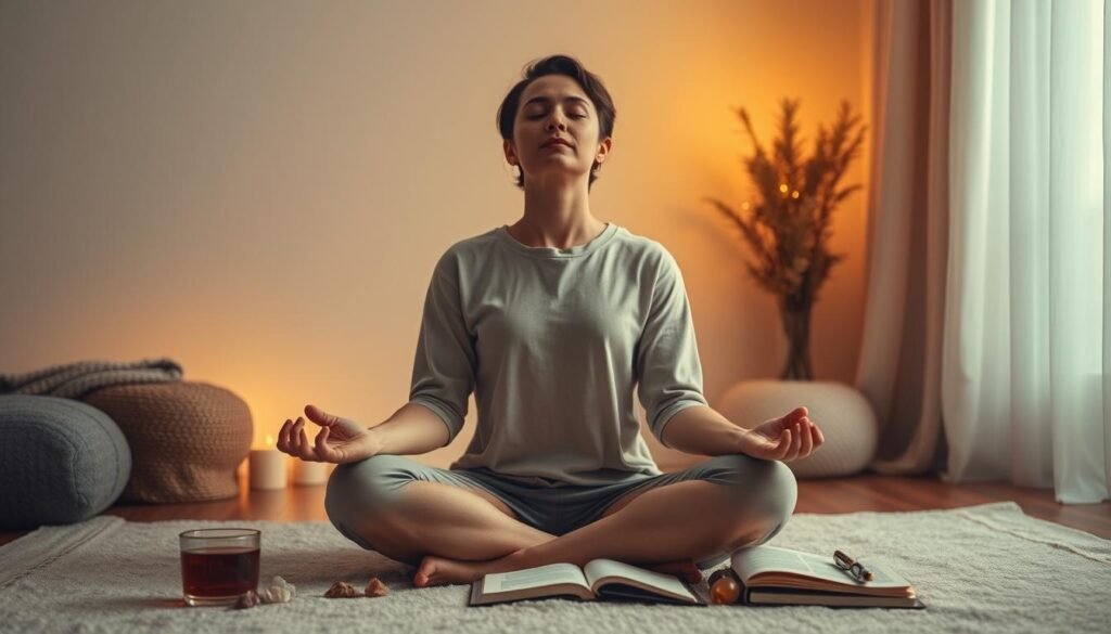 A tranquil scene of a person practicing mindfulness and relaxation techniques to alleviate anxiety on the morning of an important exam. The figure sits cross-legged in a cozy, softly-lit room, eyes closed in deep meditation. Soothing ambient lighting casts a warm glow, with muted colors and a sense of serenity pervading the space. Subtle details like a cup of herbal tea, a few calming crystals, and a journal with a pen convey the preparation for a centered, focused mindset. The composition emphasizes a sense of inner calm and mental clarity, reflecting the importance of psychological readiness before a high-stakes academic assessment. A tranquil scene of a person practicing mindfulness and relaxation techniques to alleviate anxiety on the morning of an important exam. The figure sits cross-legged in a cozy, softly-lit room, eyes closed in deep meditation. Soothing ambient lighting casts a warm glow, with muted colors and a sense of serenity pervading the space. Subtle details like a cup of herbal tea, a few calming crystals, and a journal with a pen convey the preparation for a centered, focused mindset. The composition emphasizes a sense of inner calm and mental clarity, reflecting the importance of psychological readiness before a high-stakes academic assessment.