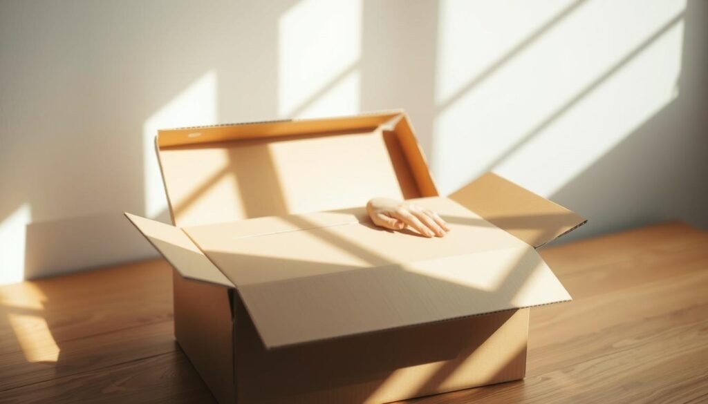 A tranquil workspace with an open cardboard box, natural lighting, and a minimalist design. Soft shadows cast across the surface, highlighting the tactile texture of the box. Serene and calming atmosphere, evoking a sense of focus and mindfulness. A hand gently resting on the box, demonstrating the breathing technique. The scene captures the essence of the "Box Breathing" practice, inviting the viewer to pause, breathe, and find inner peace. A tranquil workspace with an open cardboard box, natural lighting, and a minimalist design. Soft shadows cast across the surface, highlighting the tactile texture of the box. Serene and calming atmosphere, evoking a sense of focus and mindfulness. A hand gently resting on the box, demonstrating the breathing technique. The scene captures the essence of the "Box Breathing" practice, inviting the viewer to pause, breathe, and find inner peace.