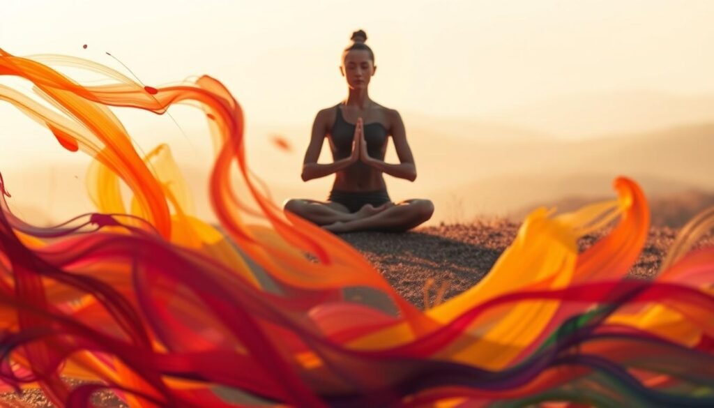 A vibrant abstract scene showcasing the harmonious connection between movement and the mind. In the foreground, dynamic brushstrokes of vivid colors swirl and intertwine, representing the physical flow of the body. In the middle ground, a serene, meditative figure sits in lotus position, their aura radiating a sense of tranquility and focus. The background is a hazy, dream-like landscape, evoking a state of clarity and inner calm. Warm, diffused lighting casts a soothing glow, highlighting the fluidity of the movement and the stillness of the mind. Captured through a wide-angle lens, the composition conveys a sense of unity and balance between the active and the passive, the external and the internal.