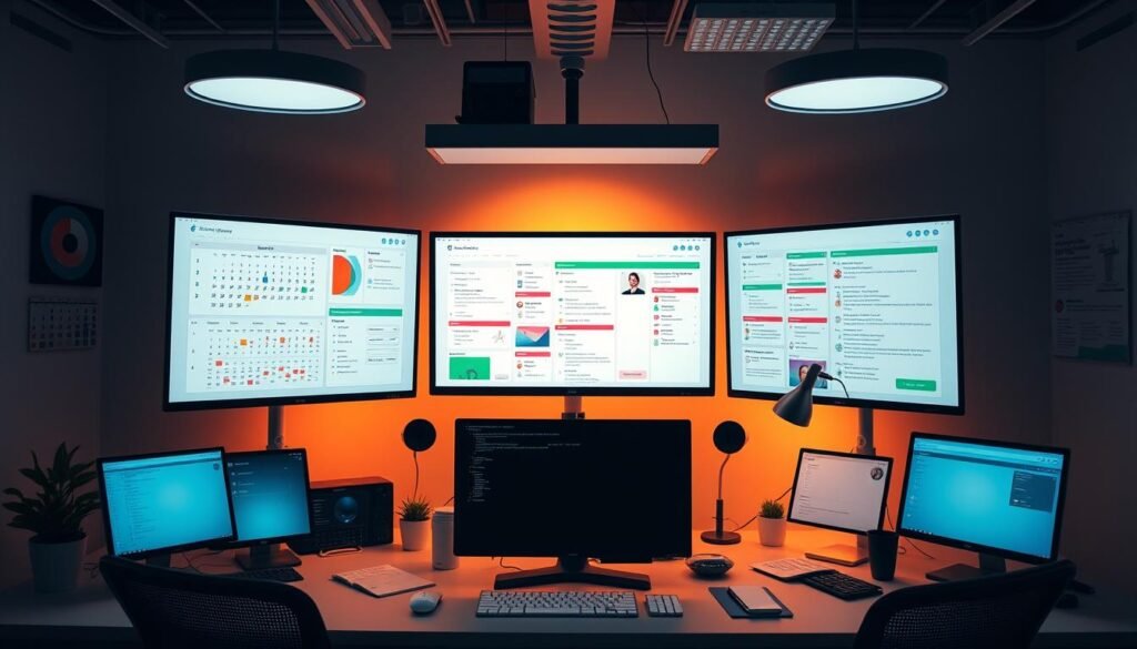 A vibrant and focused digital workspace with a variety of productivity apps and tools, including calendars, to-do lists, note-taking, and collaboration features. The environment is clean and modern, with sleek interfaces and intuitive controls. Soft, indirect lighting casts a warm glow across the scene, creating a calm and focused atmosphere. The composition features a central desk or workspace, surrounded by peripheral screens, devices, and ergonomic accessories that enable efficient multitasking and seamless workflows. The overall impression is one of a tech-savvy, organized, and productive workspace that empowers the user to maximize their time and achieve their goals. A vibrant and focused digital workspace with a variety of productivity apps and tools, including calendars, to-do lists, note-taking, and collaboration features. The environment is clean and modern, with sleek interfaces and intuitive controls. Soft, indirect lighting casts a warm glow across the scene, creating a calm and focused atmosphere. The composition features a central desk or workspace, surrounded by peripheral screens, devices, and ergonomic accessories that enable efficient multitasking and seamless workflows. The overall impression is one of a tech-savvy, organized, and productive workspace that empowers the user to maximize their time and achieve their goals.