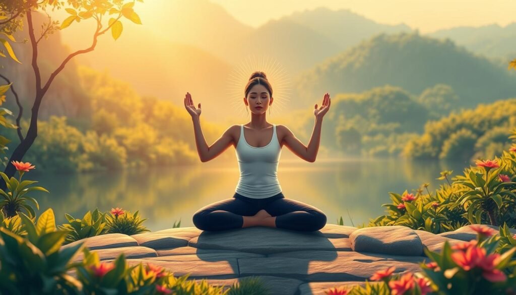 A vibrant and serene illustration showcasing the concept of "الصحة" (Health). In the foreground, a person practicing mindful yoga or meditation, radiating an aura of calm and inner balance. Behind them, a lush, verdant landscape with flourishing plants and a serene body of water reflecting the tranquil scene. Warm, soft lighting bathes the entire composition, evoking a sense of wellness and rejuvenation. The overall atmosphere exudes a harmonious and holistic approach to well-being, visually encapsulating the essence of self-discipline and its benefits.