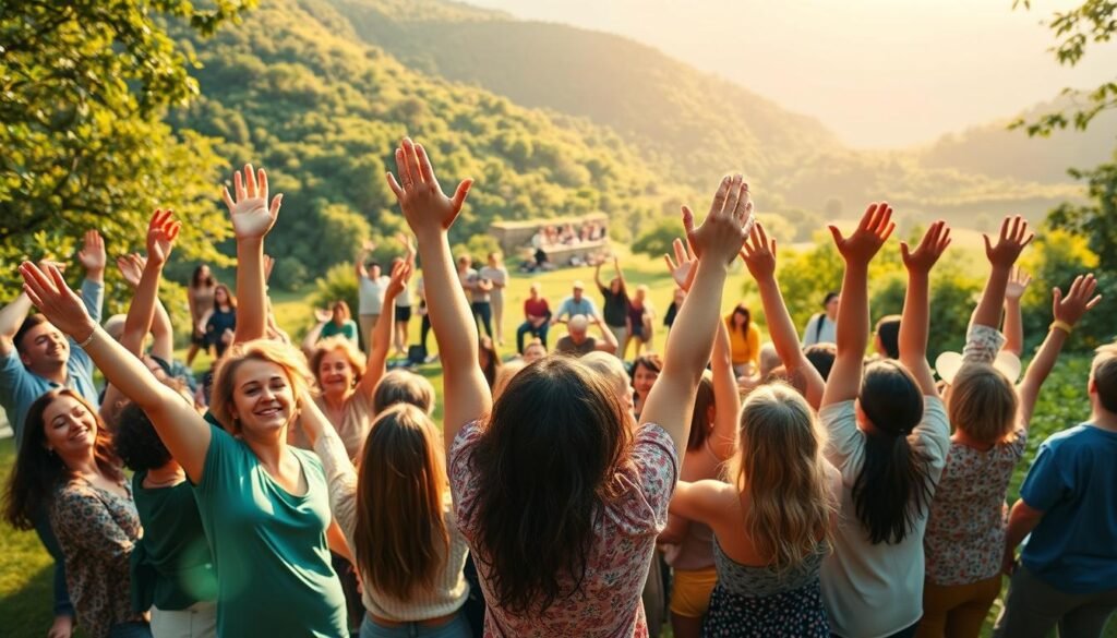 A vibrant and uplifting scene of people celebrating their success stories from the 30-Day Mood Program. In the foreground, a group of diverse individuals raise their arms in joy, their faces beaming with pride and satisfaction. Behind them, a lush, verdant landscape unfolds, bathed in warm, golden sunlight that casts a soft, inspiring glow. In the middle ground, there are clusters of people engaged in various activities - some meditate peacefully, others practice gentle yoga poses, and a few share heartfelt conversations. The overall atmosphere is one of harmony, positivity, and a deep sense of personal transformation. The composition is captured through a wide-angle lens, allowing the viewer to fully immerse themselves in this empowering and motivational tableau.