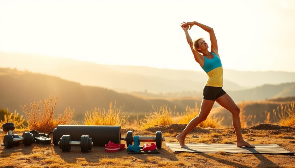 A vibrant, energetic scene depicting the journey to physical wellness. In the foreground, a person performing a series of dynamic stretches, their body in motion, muscles engaged. In the middle ground, a range of fitness equipment - dumbbells, exercise mats, resistance bands - symbolizing the tools for strength and flexibility training. The background features a serene, natural landscape, with rolling hills and a clear sky, conveying a sense of tranquility and balance. Warm, golden lighting bathes the scene, imbuing it with a sense of positivity and determination. The overall composition captures the holistic approach to physical health improvement, blending physical activity with mindfulness and environmental harmony.