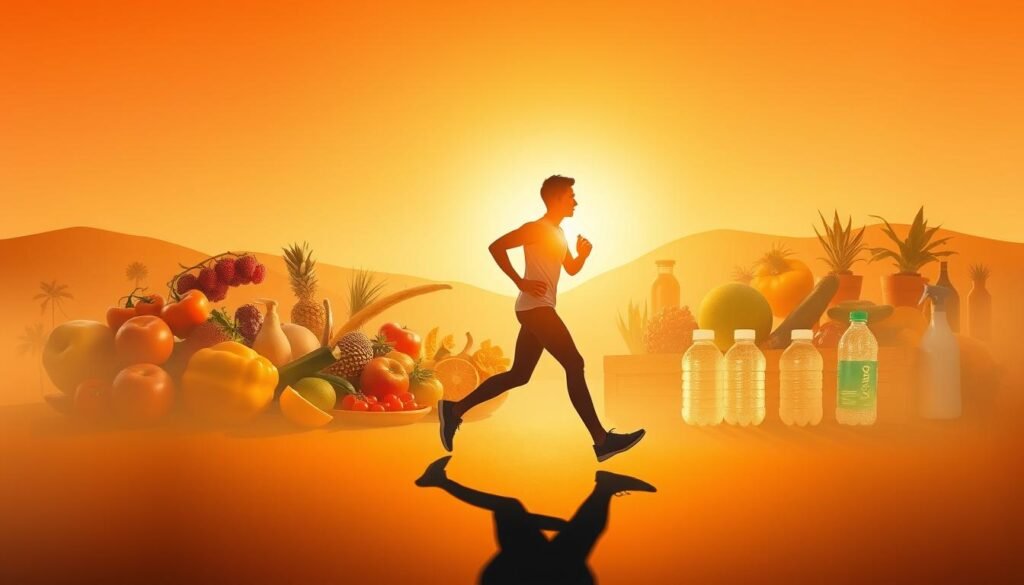 A vibrant, energetic scene of a person in motion, surrounded by a dynamic blend of health-conscious elements. In the foreground, a determined figure strides forward, their silhouette casting a powerful shadow. In the middle ground, an array of fresh fruits, vegetables, and water bottles conveys a sense of nourishment and hydration. The background features an abstract, gradient-based landscape, evoking a sense of momentum and progress. Warm, golden lighting illuminates the scene, creating a sense of warmth and vitality. The overall composition and mood should inspire the viewer to feel energized and motivated to continue their own health journey.
