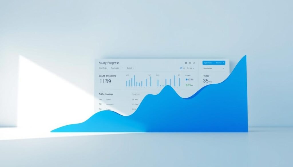 A vibrant graph charting the upward trajectory of study progress, set against a clean, minimalist backdrop. The foreground displays a line graph in shades of blue, visualizing the gradual improvement in academic performance over time. The middle ground features a simple, elegant dashboard interface, with intuitive controls and indicators tracking key metrics. The background maintains a serene, pastel-toned palette, evoking a sense of focus and clarity. Soft, diffused lighting casts a gentle glow, creating a professional, yet approachable atmosphere. Captured with a wide-angle lens to showcase the full scope of the data visualization, this image conveys the idea of systematically monitoring and refining one's academic strategy.