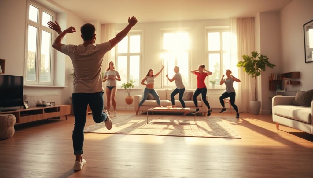 A vibrant morning scene filled with energizing exercises. In the foreground, a person performs dynamic stretches, their body in motion, exuding a sense of vitality. The middle ground showcases a series of simple yet effective exercises like jumping jacks, squats, and lunges, all executed with fluid, purposeful movements. The background depicts a minimalist, sun-drenched living space, with large windows allowing the warm morning light to pour in, creating an uplifting, refreshing atmosphere. The lighting is soft and natural, highlighting the subject's engagement and the overall sense of rejuvenation. Captured with a wide-angle lens, the composition conveys a holistic, immersive experience of quick, invigorating exercises to start the day. A vibrant morning scene filled with energizing exercises. In the foreground, a person performs dynamic stretches, their body in motion, exuding a sense of vitality. The middle ground showcases a series of simple yet effective exercises like jumping jacks, squats, and lunges, all executed with fluid, purposeful movements. The background depicts a minimalist, sun-drenched living space, with large windows allowing the warm morning light to pour in, creating an uplifting, refreshing atmosphere. The lighting is soft and natural, highlighting the subject's engagement and the overall sense of rejuvenation. Captured with a wide-angle lens, the composition conveys a holistic, immersive experience of quick, invigorating exercises to start the day.