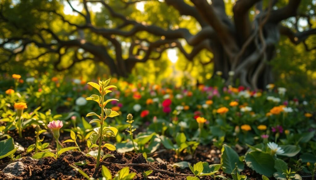 A vibrant, organic landscape filled with lush greenery and a sense of growth. In the foreground, a young sapling bursts forth from the earth, its delicate leaves reaching towards the sun. The middle ground is dotted with blooming flowers in a spectrum of colors, each one a testament to the power of nature. In the background, towering trees with gnarled, twisting branches create a canopy of verdant life. The scene is bathed in warm, golden light, casting a hopeful glow and conveying a sense of unlimited potential. The overall atmosphere evokes a feeling of resilience, adaptation, and the boundless capacity for transformation.