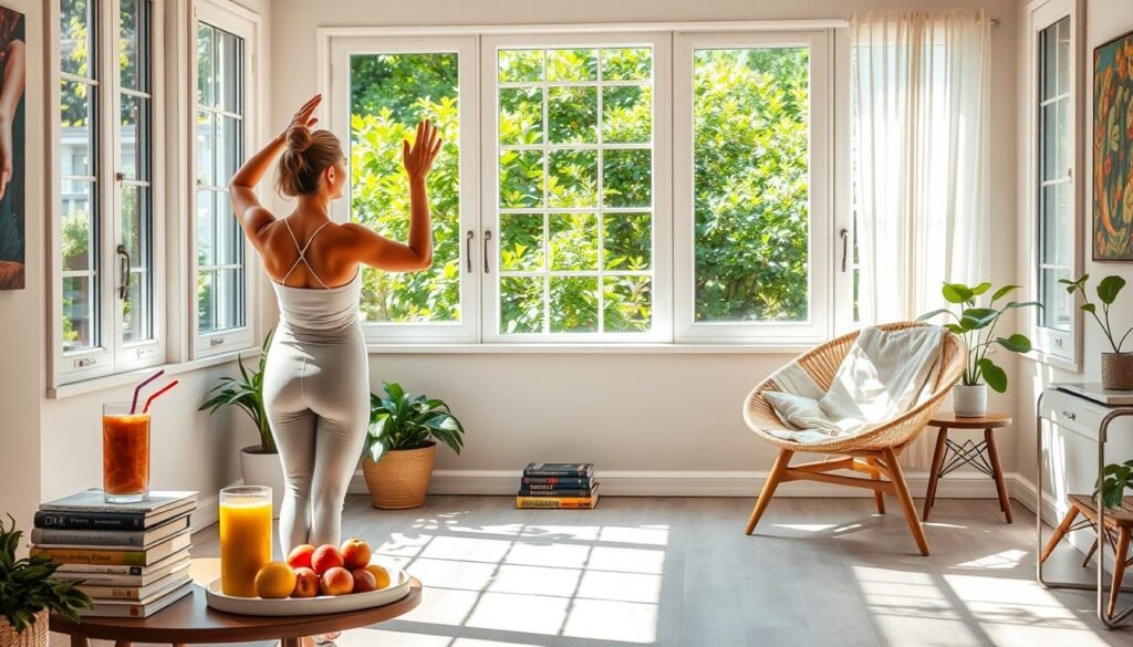 A vibrant, sun-dappled room filled with natural light, showcasing an assortment of healthy habits. In the foreground, a person practices gentle yoga, their movements graceful and serene. Nearby, a small table displays a nutritious smoothie, fresh fruits, and a stack of inspiring books. The middle ground features a window overlooking a lush, verdant garden, encouraging a connection with nature. In the background, a cozy reading nook with a comfortable chair and a potted plant, inviting calm reflection. The overall atmosphere is one of balance, mindfulness, and a rejection of the constant digital stimulation, guiding the viewer towards a peaceful, analog existence.