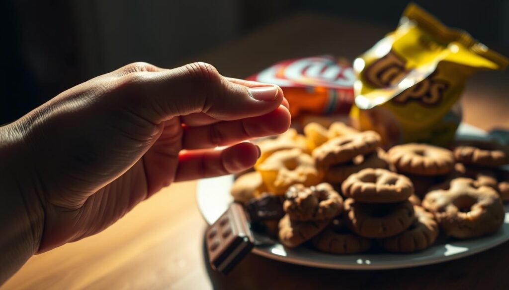 A vivid close-up shot of a person's hand reaching out towards a pile of tempting snacks, including a half-eaten chocolate bar, a bag of chips, and a plate of cookies. The hand is tense, fingers outstretched, capturing the intense craving and inner struggle to resist the unhealthy treats. The image is lit from the side, creating dramatic shadows and highlights that emphasize the tension and drama of the moment. The background is blurred, keeping the focus on the hand and the cravings. The overall mood is one of conflict and temptation, perfectly illustrating the challenges of overcoming digital distractions and maintaining a "digital fast". A vivid close-up shot of a person's hand reaching out towards a pile of tempting snacks, including a half-eaten chocolate bar, a bag of chips, and a plate of cookies. The hand is tense, fingers outstretched, capturing the intense craving and inner struggle to resist the unhealthy treats. The image is lit from the side, creating dramatic shadows and highlights that emphasize the tension and drama of the moment. The background is blurred, keeping the focus on the hand and the cravings. The overall mood is one of conflict and temptation, perfectly illustrating the challenges of overcoming digital distractions and maintaining a "digital fast".