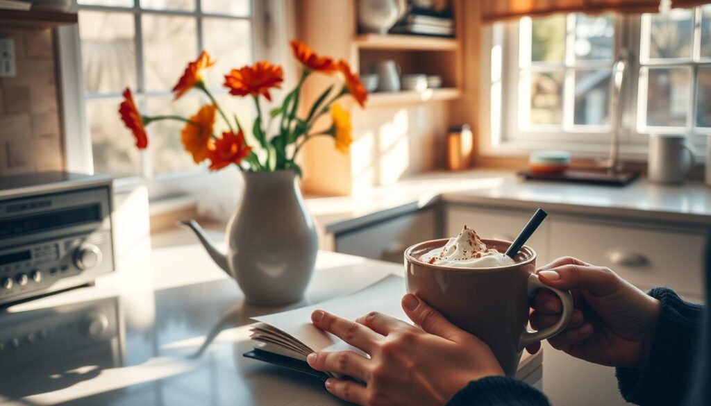 A warm, sun-dappled kitchen, filled with the aroma of freshly brewed coffee and the gentle hum of a radio playing a cheerful tune. On the counter, a vase of bright, vibrant flowers, their petals unfurling in the soft morning light. Next to it, a steaming mug of hot chocolate, topped with a dollop of whipped cream and a sprinkle of cinnamon. A pair of hands, one holding a journal and the other a pen, ready to capture the moment and the simple pleasures of the day. The scene exudes a sense of calm and contentment, inviting the viewer to slow down, savor the moment, and find joy in the small, everyday moments that make up a fulfilling morning. A warm, sun-dappled kitchen, filled with the aroma of freshly brewed coffee and the gentle hum of a radio playing a cheerful tune. On the counter, a vase of bright, vibrant flowers, their petals unfurling in the soft morning light. Next to it, a steaming mug of hot chocolate, topped with a dollop of whipped cream and a sprinkle of cinnamon. A pair of hands, one holding a journal and the other a pen, ready to capture the moment and the simple pleasures of the day. The scene exudes a sense of calm and contentment, inviting the viewer to slow down, savor the moment, and find joy in the small, everyday moments that make up a fulfilling morning.