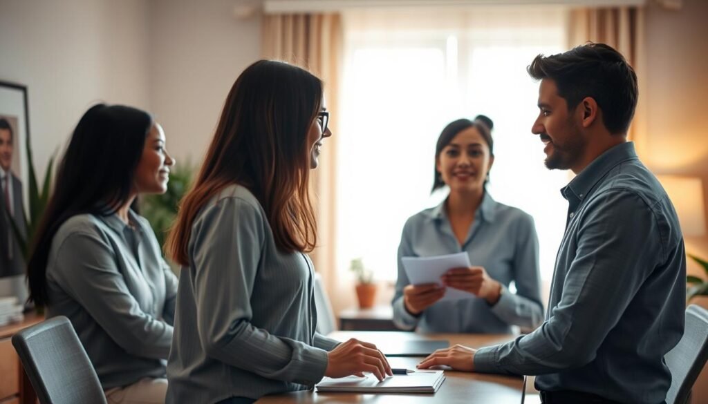A warm, welcoming office setting with a pair of colleagues engaged in a constructive discussion. Soft, natural lighting illuminates the scene, creating a sense of openness and collaboration. The two individuals face each other, their body language indicating an attentive, respectful exchange. The background features muted, harmonious colors that promote a calm, professional atmosphere. Subtle design elements, such as a potted plant or minimal artwork, add a touch of personal touch without distracting from the central interaction. An image that conveys the importance of maintaining positive, productive relationships in the workplace.