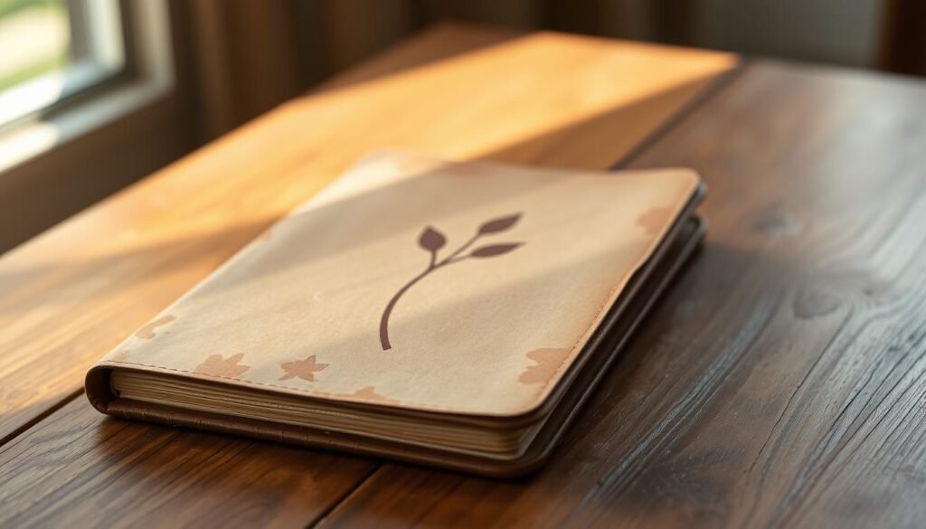 A weathered leather-bound journal rests on a wooden table, its pages slightly yellowed and worn. The journal's cover is adorned with a simple, elegant design - a stylized leaf or flower representing the concept of gratitude. Soft, natural lighting filters in through a window, casting a warm glow on the journal's surface. The table is uncluttered, allowing the journal to be the focal point, conveying a sense of mindfulness and introspection. The background is blurred, creating a serene, contemplative atmosphere, encouraging the viewer to pause and reflect on the power of a gratitude practice.