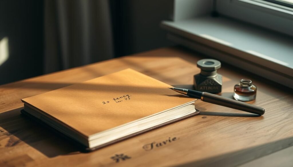 A well-curated journal sitting on a wooden table, its cover adorned with a minimalist design in warm, earthy tones. Soft, indirect lighting filters through a nearby window, casting a gentle glow on the scene. The journal's pages are slightly worn, hinting at the stories they hold within. A calligraphy pen and a small, elegant inkwell stand beside the journal, inviting the viewer to immerse themselves in the act of mindful, creative expression. The overall atmosphere conveys a sense of thoughtfulness, inspiration, and the importance of finding the right tool to capture one's ideas and experiences. A well-curated journal sitting on a wooden table, its cover adorned with a minimalist design in warm, earthy tones. Soft, indirect lighting filters through a nearby window, casting a gentle glow on the scene. The journal's pages are slightly worn, hinting at the stories they hold within. A calligraphy pen and a small, elegant inkwell stand beside the journal, inviting the viewer to immerse themselves in the act of mindful, creative expression. The overall atmosphere conveys a sense of thoughtfulness, inspiration, and the importance of finding the right tool to capture one's ideas and experiences.