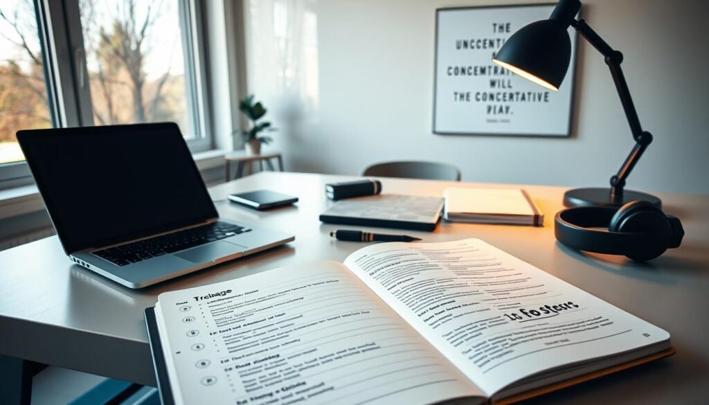 A well-lit office desk, crisp sunlight spilling through large windows. On the surface, an array of focused work tools - a sleek laptop, a mechanical keyboard, a high-quality pen, a planner, and a pair of noise-cancelling headphones. In the foreground, a notebook lies open, its pages filled with neatly organized task lists, productivity hacks, and daily focus drills. A strategically placed desk lamp casts a warm glow, enhancing the sense of productivity and intentionality. The background features a minimalist wall display with inspirational quotes about concentration and discipline. The overall atmosphere evokes a serene, distraction-free workspace primed for deep, focused work.