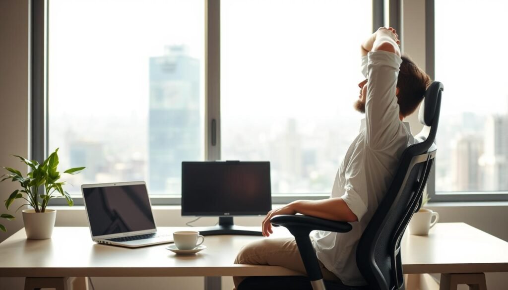 A well-lit office desk with a person sitting in an ergonomic chair, performing a series of stretching exercises to alleviate back pain. The person is in the foreground, facing sideways and reaching up towards the ceiling, elongating the spine. In the middle ground, a laptop, a cup of coffee, and a potted plant create a cozy, productive workspace. The background features a large window overlooking a cityscape, bathing the scene in soft, natural light. The overall mood is one of calm, focused productivity, with the person's posture and facial expression conveying a sense of relief and relaxation. A well-lit office desk with a person sitting in an ergonomic chair, performing a series of stretching exercises to alleviate back pain. The person is in the foreground, facing sideways and reaching up towards the ceiling, elongating the spine. In the middle ground, a laptop, a cup of coffee, and a potted plant create a cozy, productive workspace. The background features a large window overlooking a cityscape, bathing the scene in soft, natural light. The overall mood is one of calm, focused productivity, with the person's posture and facial expression conveying a sense of relief and relaxation.