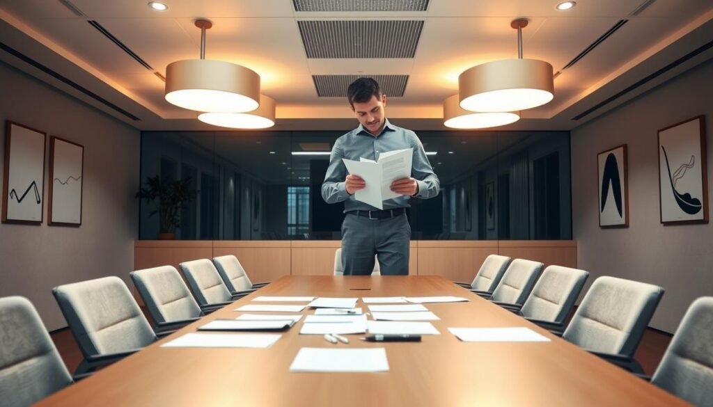 A well-lit office interior, with a conference table surrounded by comfortable chairs. A person stands at the head of the table, organizing papers and notes, preparing for the meeting ahead. Warm lighting from overhead fixtures casts a focused glow, creating an atmosphere of productivity and professionalism. The walls are adorned with minimalist artwork, reflecting a modern and sophisticated aesthetic. The person's posture is upright and attentive, conveying a sense of readiness and control over the proceedings. The scene exudes a sense of calm efficiency, setting the stage for a productive and constructive discussion. A well-lit office interior, with a conference table surrounded by comfortable chairs. A person stands at the head of the table, organizing papers and notes, preparing for the meeting ahead. Warm lighting from overhead fixtures casts a focused glow, creating an atmosphere of productivity and professionalism. The walls are adorned with minimalist artwork, reflecting a modern and sophisticated aesthetic. The person's posture is upright and attentive, conveying a sense of readiness and control over the proceedings. The scene exudes a sense of calm efficiency, setting the stage for a productive and constructive discussion.