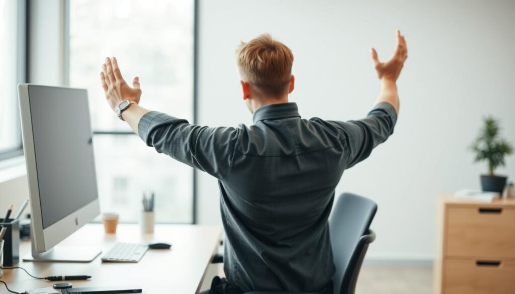 A well-lit office scene with a person performing a series of gentle stretches and exercises at their desk. The foreground shows their torso and arms in motion, with a focus on proper posture and technique. The middle ground reveals the desk setup, including a computer, stationery, and other minimal office items. The background is blurred, suggesting a spacious and tranquil work environment. Soft, natural lighting filters through a window, creating a serene and calming atmosphere. The overall composition conveys the importance of incorporating brief, yet effective physical activities into a sedentary workday. A well-lit office scene with a person performing a series of gentle stretches and exercises at their desk. The foreground shows their torso and arms in motion, with a focus on proper posture and technique. The middle ground reveals the desk setup, including a computer, stationery, and other minimal office items. The background is blurred, suggesting a spacious and tranquil work environment. Soft, natural lighting filters through a window, creating a serene and calming atmosphere. The overall composition conveys the importance of incorporating brief, yet effective physical activities into a sedentary workday.