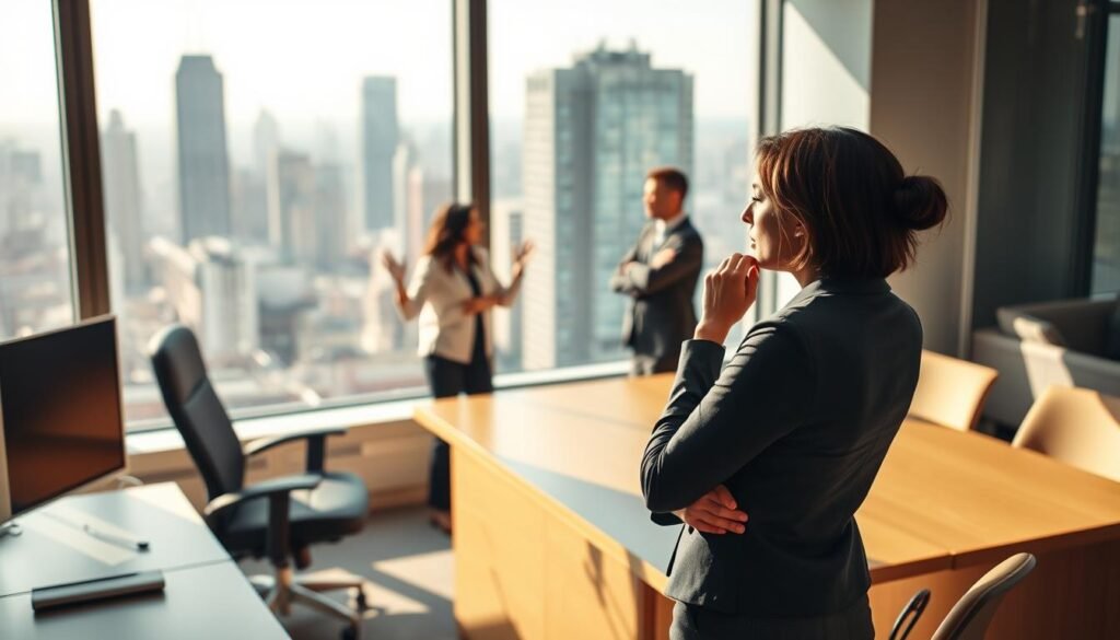A well-lit office setting with a desk, chair, and a person in the foreground engaged in a thoughtful, expressive pose, representing assertive communication. The middle ground features two people facing each other, one with an open, confident body language, the other with a more hesitant, cautious posture. In the background, a window overlooking a bustling city skyline, conveying the professional, urban atmosphere. The lighting is warm and natural, creating a sense of clarity and focus. The overall scene depicts the nuances of assertive communication, from individual body language to interpersonal dynamics.