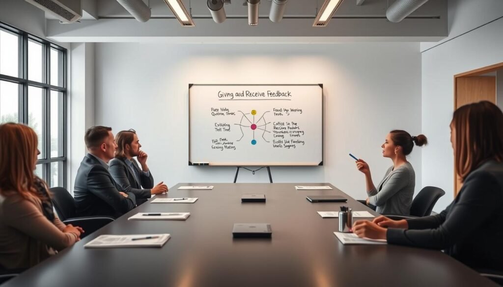 A well-lit, wide-angle shot of a conference room table, with people engaged in discussion. In the foreground, two colleagues exchanging feedback, their body language indicating a constructive dialogue. In the middle ground, a whiteboard displaying a framework for giving and receiving feedback, with key concepts highlighted. The background shows a modern, minimalist office space with large windows, conveying a sense of openness and collaboration. The overall mood is one of professionalism, focus, and the importance of feedback for growth and improvement. A well-lit, wide-angle shot of a conference room table, with people engaged in discussion. In the foreground, two colleagues exchanging feedback, their body language indicating a constructive dialogue. In the middle ground, a whiteboard displaying a framework for giving and receiving feedback, with key concepts highlighted. The background shows a modern, minimalist office space with large windows, conveying a sense of openness and collaboration. The overall mood is one of professionalism, focus, and the importance of feedback for growth and improvement.