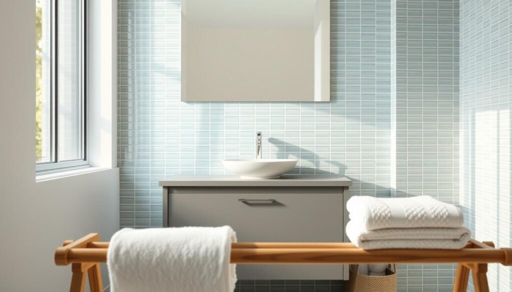 A well-organized and tranquil bathroom scene, bathed in soft, natural lighting from a large window. The focal point is a sleek, modern sink vanity in a muted gray tone, with a minimalist faucet and an elegant ceramic basin. Behind it, a tiled wall in a soothing blue-green hue extends to the ceiling, creating a serene, spa-like ambiance. In the foreground, a fluffy white towel rests on a wooden towel rack, complementing the neutral color palette. The room is uncluttered, with a sense of order and calm, inviting the viewer to imagine a peaceful morning routine.