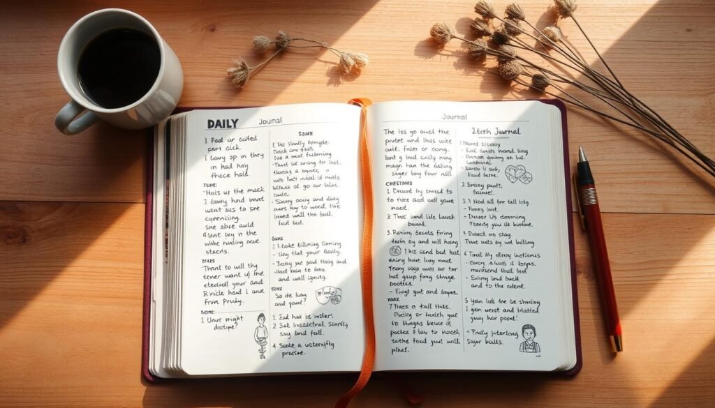 A well-organized daily journal with handwritten notes, sketches, and doodles on the pages. The journal lies open on a wooden table, surrounded by a cup of coffee, a pen, and a few dried flowers. Soft, natural lighting filters through a window, casting a warm glow on the scene. The journal's pages are slightly worn, reflecting the user's daily practice. The layout is clean and minimalist, allowing the organic elements to take center stage. The overall atmosphere is one of mindfulness, introspection, and a sense of personal growth.