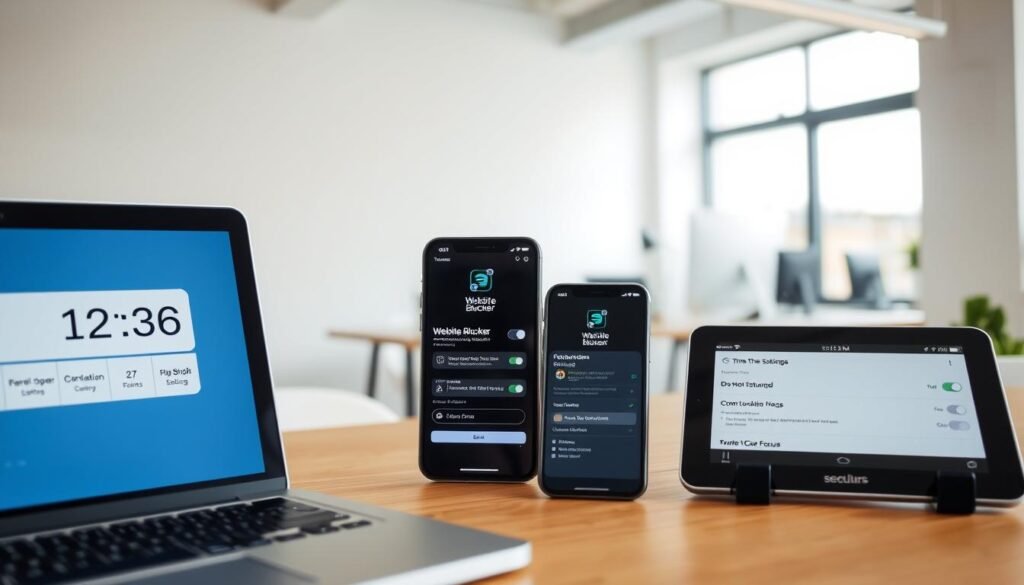 A well-organized desktop workspace with a laptop, smartphone, and tablet showcasing various focus-enhancing tools and settings. The foreground features a laptop screen displaying a timer app, website blocker, and do-not-disturb mode. The middle ground includes a smartphone and tablet, both highlighting similar productivity and concentration-boosting features. The background depicts a clean, minimalist office environment with natural lighting filtering through windows, creating a serene and focused atmosphere. The composition emphasizes the interconnected nature of digital tools that enable effective time management and distraction-free work. The overall scene conveys a sense of intentionality and control over one's digital environment.