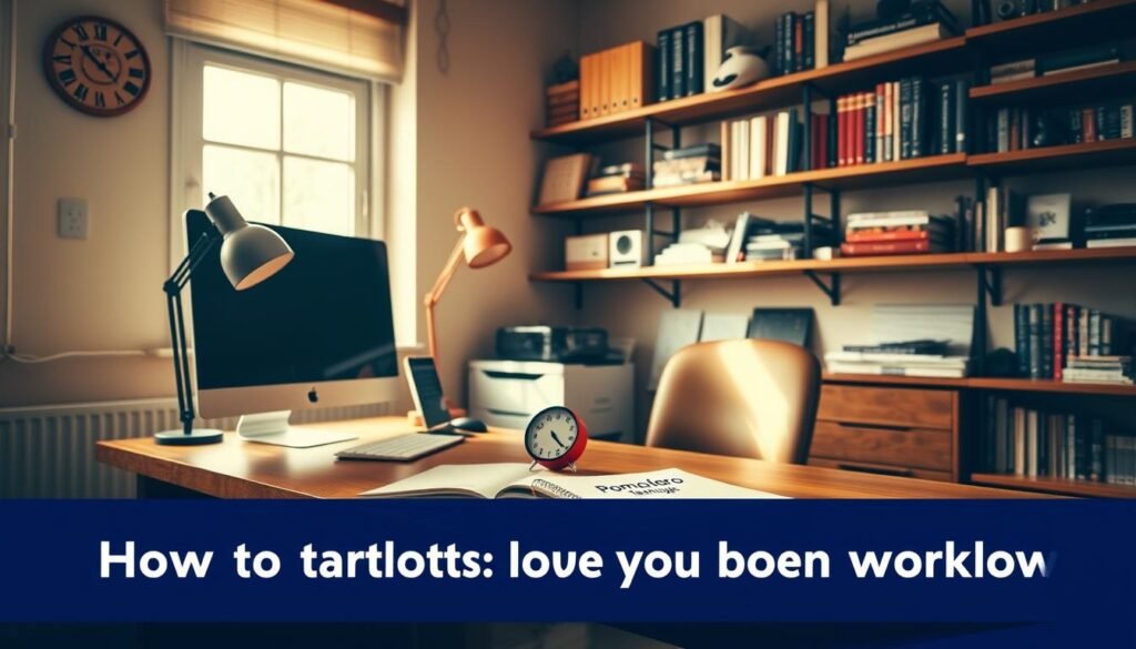 A well-organized home office with a wooden desk, computer, and desk lamp. On the desk, a timer and a notebook with "Pomodoro Technique" written on the cover. Shelves on the wall display various productivity tools and books. Natural light streams in through a window, creating a warm, focused atmosphere. The scene conveys a sense of intentionality and personalization in optimizing the Pomodoro workflow. A well-organized home office with a wooden desk, computer, and desk lamp. On the desk, a timer and a notebook with "Pomodoro Technique" written on the cover. Shelves on the wall display various productivity tools and books. Natural light streams in through a window, creating a warm, focused atmosphere. The scene conveys a sense of intentionality and personalization in optimizing the Pomodoro workflow.