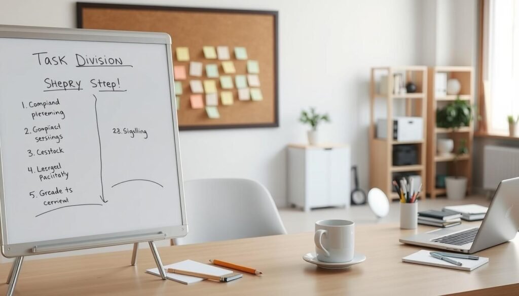 A well-organized workspace with various task management tools. In the foreground, a clean whiteboard with a step-by-step visual plan for task division. On the desk, a laptop, some stationery, and a mug of coffee, creating a focused, productive atmosphere. The middle ground features a cork board with sticky notes, representing the breakdown of larger tasks into smaller, actionable steps. The background showcases a serene office setting with minimalist decor, natural lighting, and a sense of order and efficiency. The overall image conveys a structured, methodical approach to effectively dividing and conquering complex tasks.
