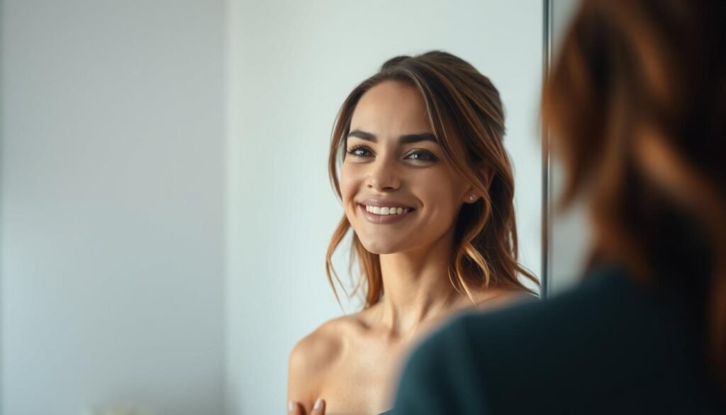 A woman standing in front of a bathroom mirror, her face lit by soft, natural lighting. She gazes at her reflection, a gentle, genuine smile spreading across her features. The background is minimalist, with clean white walls and a few simple, elegant decor elements. The mood is serene, introspective, and subtly uplifting, conveying a sense of self-acceptance and a positive start to the day. The camera angle is slightly elevated, creating a sense of empowerment and self-confidence. The woman's expression radiates an inner peace and contentment, inspiring the viewer to embrace their own reflection with kindness and care.