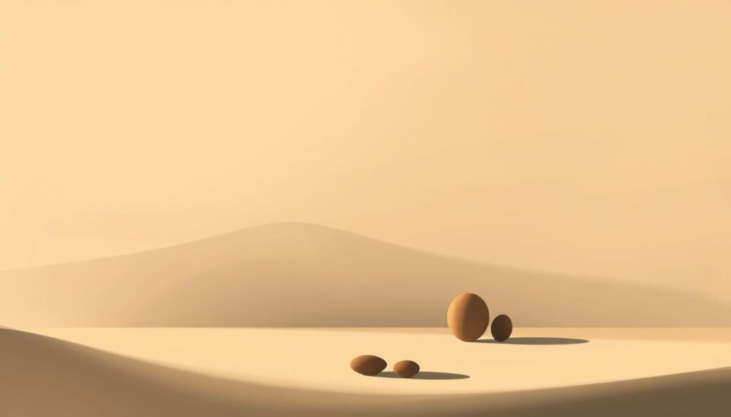 An abstract illustration of "القيم الشخصية" (Personal Values). A serene, dimly lit scene with soft, warm lighting. In the foreground, a minimalist arrangement of simple geometric shapes in muted, earthy tones, subtly evoking the concept of core values. The middle ground features a subtle gradient, transitioning from light to dark, symbolizing the journey of self-discovery. In the background, a soft, ethereal backdrop of gentle brush strokes and muted hues, creating a contemplative, introspective atmosphere. The composition is balanced, with a sense of harmony and depth, inviting the viewer to reflect on the personal values that shape and motivate one's life.