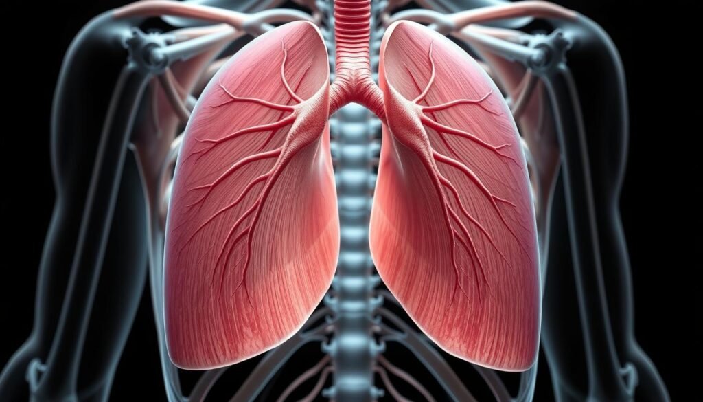 An anatomical cross-section of the human diaphragm muscle, rendered in highly detailed, realistic scientific illustration style. The diaphragm is shown in the foreground, its domed shape and muscular fibers clearly delineated. The middle ground reveals the thoracic cavity and lungs, while the background subtly depicts the ribcage and spine to provide anatomical context. The lighting is soft and even, highlighting the intricate musculature and tendinous attachments of the diaphragm. The perspective is slightly elevated, allowing for a clear view of the three-dimensional structure. The overall mood is one of clinical precision and educational clarity, suitable for illustrating the core mechanics of diaphragmatic breathing. An anatomical cross-section of the human diaphragm muscle, rendered in highly detailed, realistic scientific illustration style. The diaphragm is shown in the foreground, its domed shape and muscular fibers clearly delineated. The middle ground reveals the thoracic cavity and lungs, while the background subtly depicts the ribcage and spine to provide anatomical context. The lighting is soft and even, highlighting the intricate musculature and tendinous attachments of the diaphragm. The perspective is slightly elevated, allowing for a clear view of the three-dimensional structure. The overall mood is one of clinical precision and educational clarity, suitable for illustrating the core mechanics of diaphragmatic breathing.