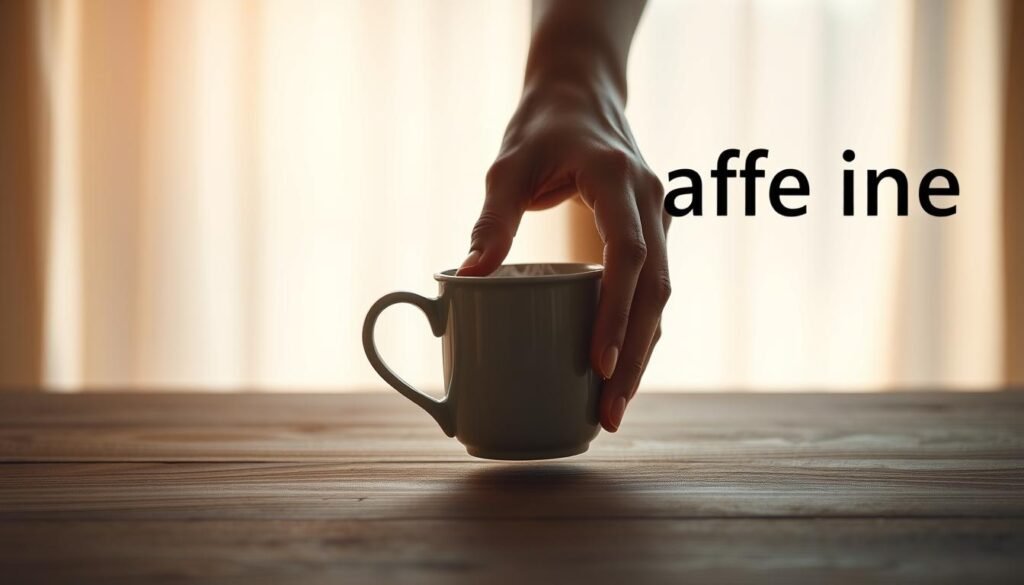 An artfully composed image of "Stop Caffeine" depicting a person's hands gently setting down a steaming mug of coffee against a serene, softly-lit background. The foreground features the hands and mug in warm, natural lighting, while the middle ground showcases a tranquil, minimalist scene with muted hues and subtle textures, perhaps a wooden table or countertop. The background is a calming, out-of-focus environment, suggesting a peaceful, thoughtful atmosphere. The overall mood is one of mindfulness and self-care, inviting the viewer to consider when it might be time to step away from the caffeine and find respite. An artfully composed image of "Stop Caffeine" depicting a person's hands gently setting down a steaming mug of coffee against a serene, softly-lit background. The foreground features the hands and mug in warm, natural lighting, while the middle ground showcases a tranquil, minimalist scene with muted hues and subtle textures, perhaps a wooden table or countertop. The background is a calming, out-of-focus environment, suggesting a peaceful, thoughtful atmosphere. The overall mood is one of mindfulness and self-care, inviting the viewer to consider when it might be time to step away from the caffeine and find respite.