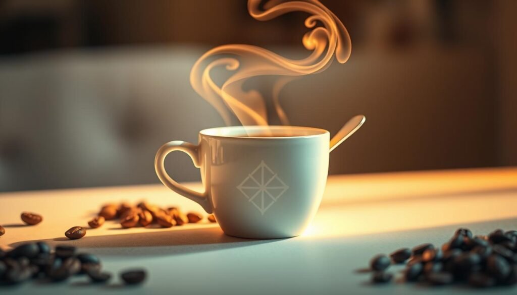An elegant and energizing illustration of the benefits of caffeine for enhanced energy and focus. A stylized close-up of an aromatic coffee cup, steam curling gracefully, set against a soft, blurred background. The lighting is warm and inviting, casting a gentle glow on the scene. Subtle details like coffee beans, a spoon, and a minimalist geometric pattern on the cup add depth and interest. The overall mood is one of tranquility and productivity, capturing the essence of how caffeine can provide a steady, focused energy boost. A visually captivating depiction of the section title "فوائد الكافيين لتحسين الطاقة والتركيز".
