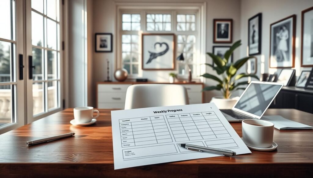 An elegant home office with natural light streaming through large windows. On the desk, a minimalist weekly progress tracking worksheet lies open, its grid-like design highlighting key metrics and insights. A laptop, a cup of coffee, and a pen rest nearby, creating a productive, yet calming atmosphere. The walls are adorned with inspirational artwork and framed achievements, conveying a sense of focus and accomplishment. The lighting is soft and warm, creating a refined, professional ambiance. A potted plant in the corner adds a touch of greenery, further enhancing the serene workspace. An elegant home office with natural light streaming through large windows. On the desk, a minimalist weekly progress tracking worksheet lies open, its grid-like design highlighting key metrics and insights. A laptop, a cup of coffee, and a pen rest nearby, creating a productive, yet calming atmosphere. The walls are adorned with inspirational artwork and framed achievements, conveying a sense of focus and accomplishment. The lighting is soft and warm, creating a refined, professional ambiance. A potted plant in the corner adds a touch of greenery, further enhancing the serene workspace.