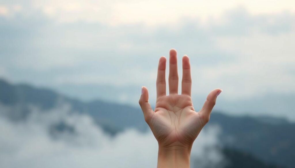 An ethereal hand emerging from a soft, mist-like background, gently demonstrating the 4-7-8 breathing technique. The hand is in the foreground, fingers elegantly extended, guiding the viewer through the inhalation, hold, and exhalation phases. The middle ground features a serene, cloud-like atmosphere, with subtle shades of blue and gray creating a calming, introspective ambiance. The background is a hazy, indistinct landscape, evoking a sense of tranquility and mindfulness. The lighting is soft and diffused, emphasizing the meditative nature of the scene. The overall composition is balanced and symmetrical, inviting the viewer to focus on the hand and the breathing technique.