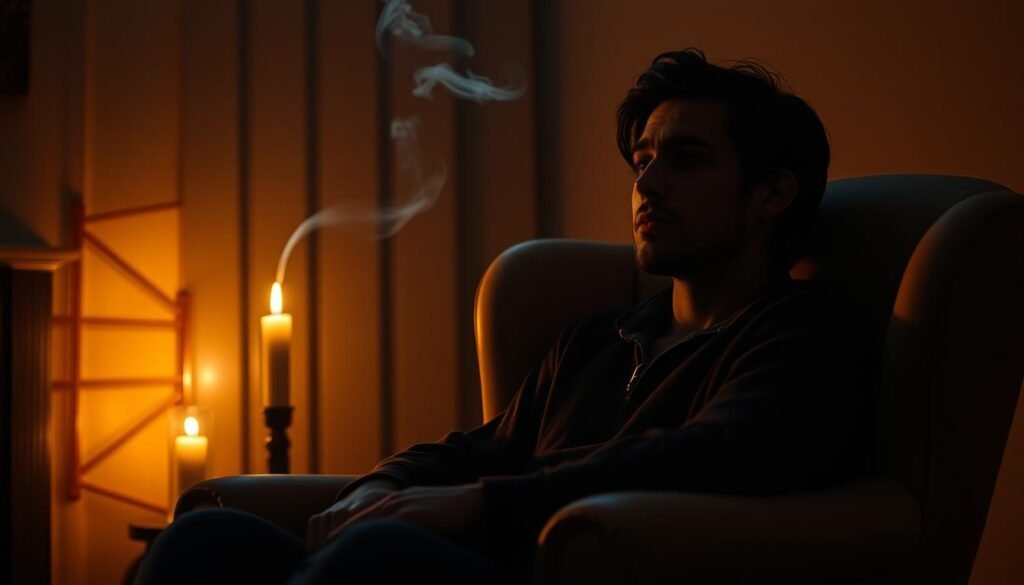 An introspective journey through the self, a moment of deep reflection. A dimly lit room, soft candlelight casting warm hues, illuminating a pensive figure seated in a plush armchair, their gaze turned inward. Muted tones of beige and ochre create a contemplative atmosphere, inviting the viewer to pause and examine their own thoughts and emotions. Delicate wisps of smoke curl upwards, mirroring the weightiness of the moment. The scene exudes a sense of quiet contemplation, a chance to take stock and reset one's internal compass.
