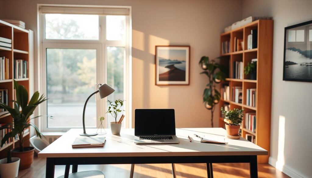 An inviting and distraction-free study space with warm natural lighting filtering through large windows. A clean, minimalist desk setup with a laptop, a few essential stationery items, and a potted plant, all neatly arranged. The room is clutter-free, with bookshelves lining the walls and serene artwork hanging in the background. The overall atmosphere is calm and conducive to focused learning, encouraging deep concentration and productive study sessions. An inviting and distraction-free study space with warm natural lighting filtering through large windows. A clean, minimalist desk setup with a laptop, a few essential stationery items, and a potted plant, all neatly arranged. The room is clutter-free, with bookshelves lining the walls and serene artwork hanging in the background. The overall atmosphere is calm and conducive to focused learning, encouraging deep concentration and productive study sessions.
