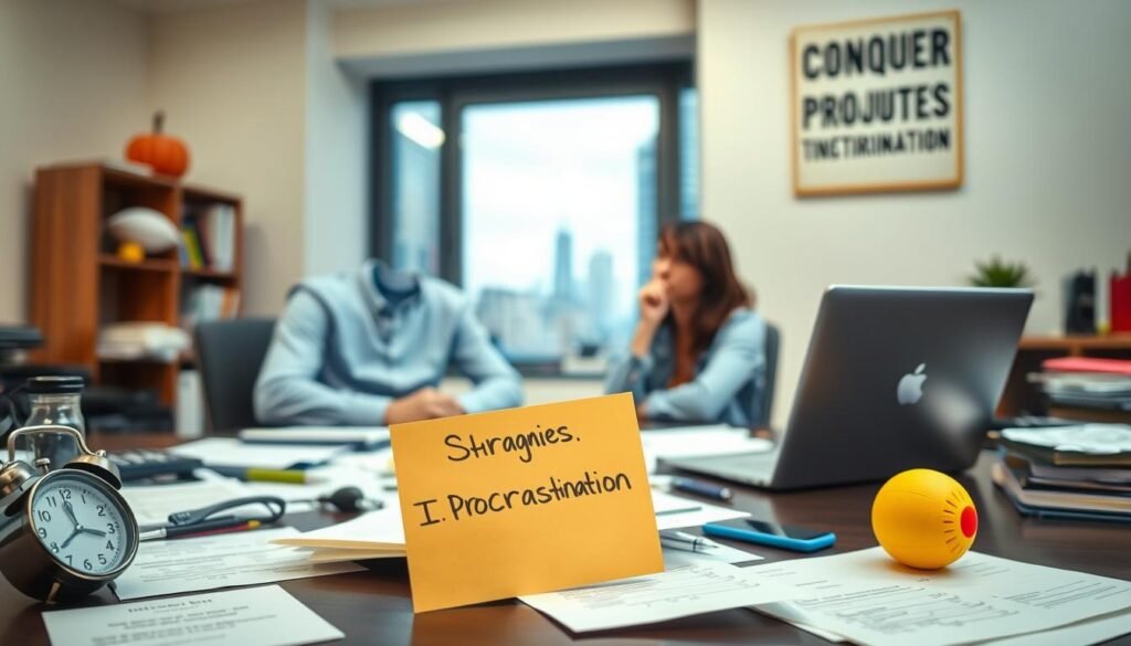 An office desk with scattered papers, a laptop, and a motivational sticky note. In the foreground, a person sitting with a thoughtful expression, surrounded by visual cues such as a timer, a to-do list, and a stress ball. The middle ground features a window with a view of a bustling city, hinting at the distractions and outside world. The background is softly lit, with a bookshelf and a motivational wall art piece that reads "Conquer Procrastination." The overall scene conveys a sense of focus, determination, and strategies to overcome the challenges of procrastination.